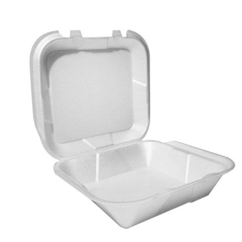8.56 X 8 X 2.76" Medium White Polystyrene Foam 1-Compartment Double-Tab Hinged Lid Container 200/Case
