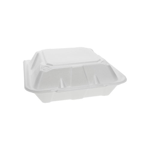 Vented Foam Hinged Lid Container, Dual Tab Lock, 3-compartment, 9.13 X 9 X 3.25, White, 150/carton