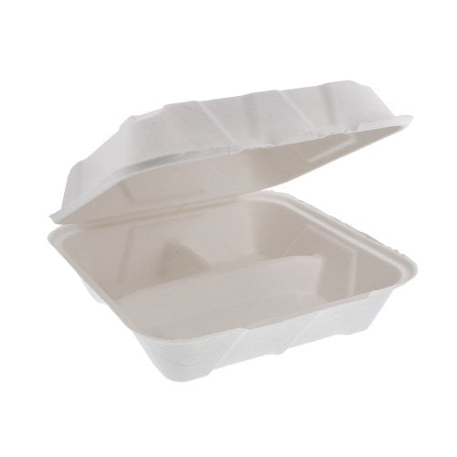 Large White Molded Fiber 3 Compartment Hinged Lid Container - 9" X 9" X 3.5" 150/Case