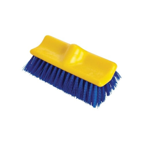 Bi-level Deck Scrub Brush, Blue Polypropylene Bristles, 10" Brush, 10" Plastic Block, Threaded Hole