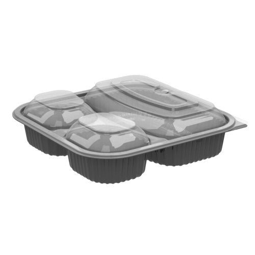 Culinary Squares 2-piece/3-compartment Microwavable Container, 21 Oz/6 Oz/6 Oz, 8.46 X 8.46 X 2.5, Clear/blk, Plastic, 150/ct