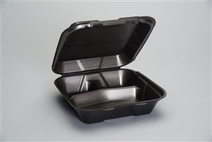 Genpak 9.25 Inch X 9.25 Inch X 3 Inch Black Large 3 Compartment Snap It Foam Hinged Dinner Container-100 Each-100/Box-2/Case