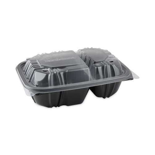 Pactiv Evergreen Earthchoice Vented Dual Color Microwavable Hinged Lid Container 2-compartment 20 Oz 9x6x3 Black/clear Plastic 140/ct
