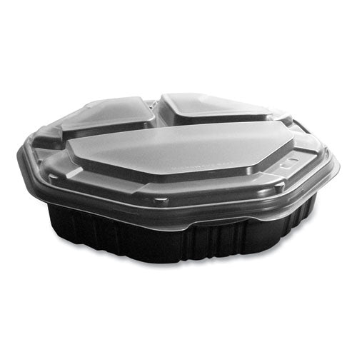 SOLO Octaview Hinged-lid Hot Food Containers 3-compartment 38 Oz 9.55x9.1x2.4 Black/clear Plastic 100/Case