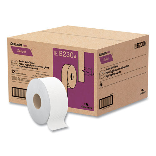 Cascades PRO Select Jumbo Bath Tissue Septic Safe 2-ply White 3.3"x750 Ft 12/Case