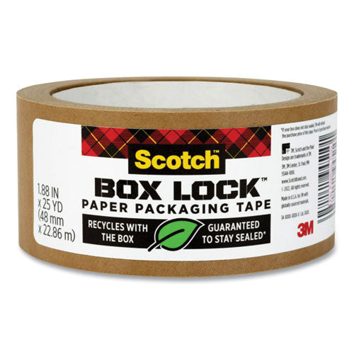 Scotch Box Lock Paper Packaging Tape 3" Core 1.88"x25 Yds Brown
