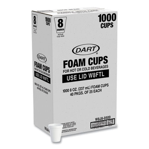 Dart Foam Drink Cups 8 Oz White 25/bag 40 Bags/Case