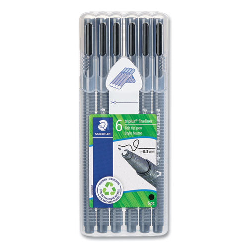 Staedtler Triplus Fineliner Marker Pen Stick Fine 0.3 Mm Black Ink Clear Barrel 6/pack