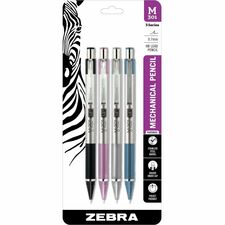 Zebra Pen STEEL 3 Mechanic Pencil-HB Lead-0.7 Mm Lead Diameter-Medium Point-Refillable-Black Stainless Steel  Pink  Silver  Blue Barrel-4/Pack