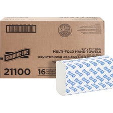 Genuine Joe Multifold Towels-1 Ply-Multifold-9.20" X 9.40"-White-Fiber-Embossed  Anti-contamination  Chlorine-free  Absorbent  Moisture Resistant  Interfolded-For Restroom  Public Facilities  Washroom-250 Per Bundle-60/Pallet