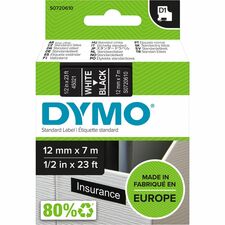 Dymo S0720610 D1 45021 Tape 12mm X 7m White On Black-15/32" Width X 22 31/32 Ft Length-White On Black-1 Each-Easy Peel  Durable