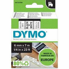 Dymo S0720780 D1 43613 Tape 6mm X 7m Black On White-15/64" Width X 22 31/32 Ft Length-Black On White-1 Cassette-Easy Peel  Durable