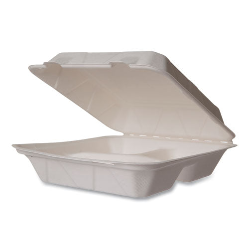 Vegware™ White Molded Fiber Clamshell Containers 3-compartment 9x18x2 White Sugarcane 200/Case