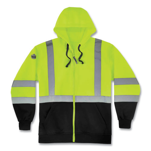 Ergodyne Glowear 8372 Zipup Hivis Class 3 Zip Hood Sweatshirt W/ Black Bottom Polar Fleece Lime Medium