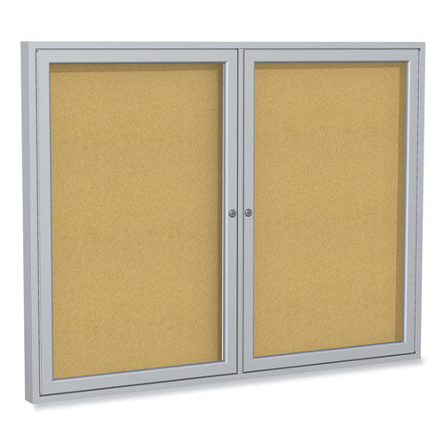 Ghent 2 Door Enclosed Natural Cork Bulletin Board With Satin Aluminum Frame 48x36 Tan Surface