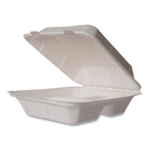 Vegware™ White Molded Fiber Clamshell Containers 3-compartment 8x17x2 White Sugarcane 200/Case