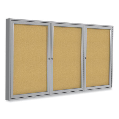 Ghent 3 Door Enclosed Natural Cork Bulletin Board With Satin Aluminum Frame 72x48 Tan Surface
