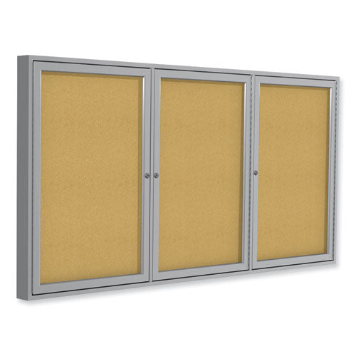 Ghent 3 Door Enclosed Natural Cork Bulletin Board With Satin Aluminum Frame 96x48 Tan Surface