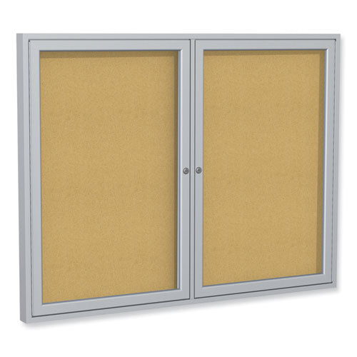 Ghent 2 Door Enclosed Natural Cork Bulletin Board With Satin Aluminum Frame 72x36 Tan Surface