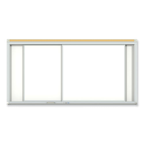 Ghent Horizontal Sliding Porcelain Magnetic Whiteboard 96x48 White Surface Satin Aluminum Frame