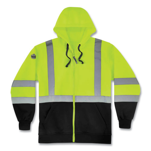 Ergodyne Glowear 8372 Zipup Hivis Class 3 Zip Hood Sweatshirt W/ Black Bottom Polar Fleece Lime Medium