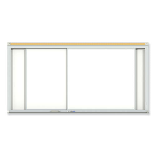 Ghent Horizontal Sliding Porcelain Magnetic Whiteboard 144x48 White Surface Satin Aluminum Frame