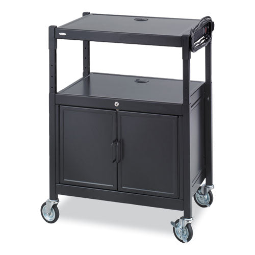 Safco Steel Adjustable Av Cart W/cabinet Metal 3 Shelf 6 Ac Outlets 40 Lb Cap 26.75x20.5x42 Black