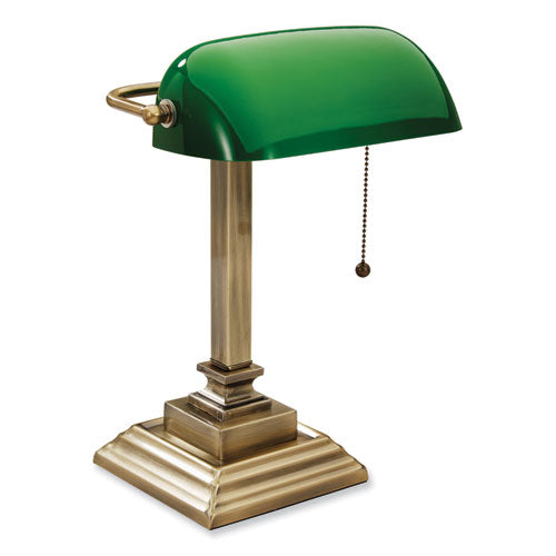 V-Light Led Banker's Lamp With Green Shade Usb Charging Port Candlestick Neck 15" High Antique Brass