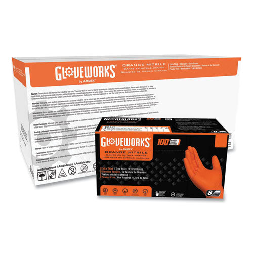 GloveWorks By AMMEX Heavy-duty Industrial Nitrile Gloves Powder-free 8 Mil X-large Orange 100 Gloves/box 10 Boxes/Case