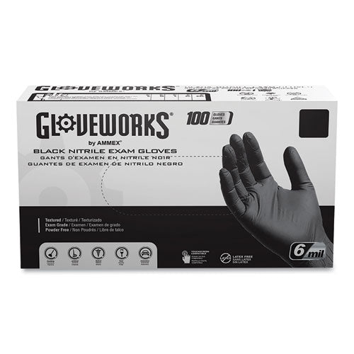 GloveWorks By AMMEX Nitrile Exam Gloves Powder-free 6 Mil Xx-large Black 100 Gloves/box 10 Boxes/Case