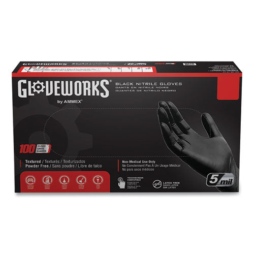 GloveWorks By AMMEX Industrial Nitrile Gloves Powder-free 5 Mil Medium Black 100/box 10/Case