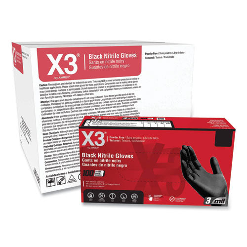 X3 By AMMEX Industrial Nitrile Gloves Powder-free 3 Mil Medium Black 100/box 10 Boxes/Case