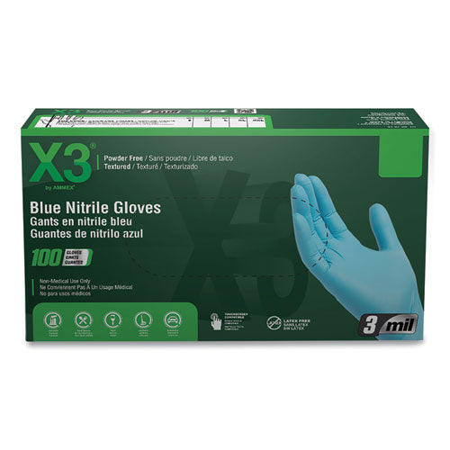 X3 By AMMEX Industrial Nitrile Gloves Powder-free 3 Mil Medium Blue 100/box 10 Boxes/Case