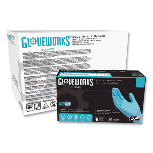 GloveWorks By AMMEX Industrial Nitrile Gloves Powder-free 5 Mil Blue X-large 100 Gloves/box 10 Boxes/Case