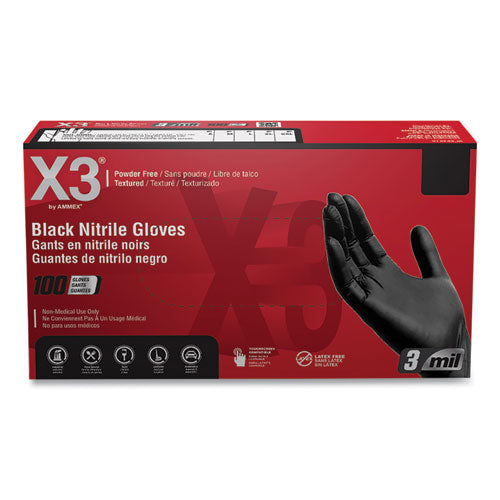 X3 By AMMEX Industrial Nitrile Gloves Powder-free 3 Mil Small Black 100/box 10 Boxes/Case