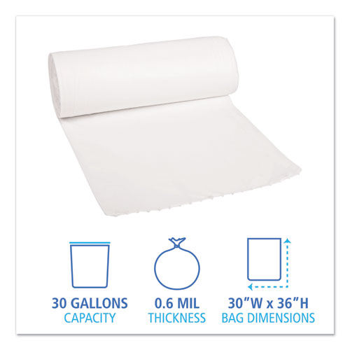 Low-density Waste Can Liners, 30 Gal, 0.6 Mil, 30" X 36", White, 25 Bags/roll, 8 Rolls/carton