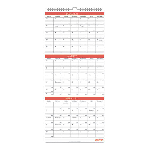 3-month Wall Calendar, 12 X 27, White/black/red Sheets, 14-month, Dec 2022 Through Jan 2024