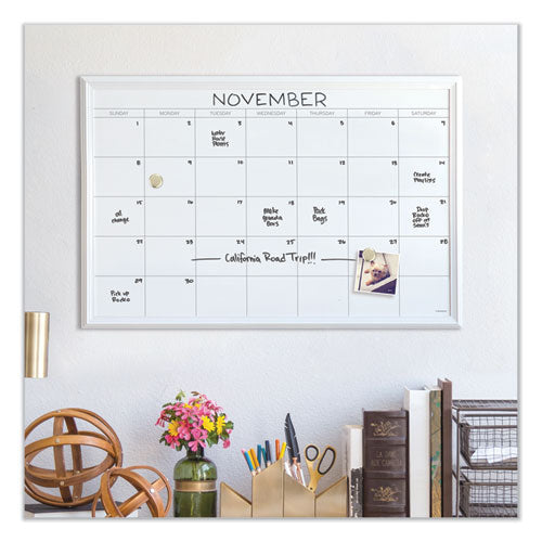 Magnetic Dry Erase Calendar With Décor Frame, One Month, 30 X 20, White Surface, White Wood Frame