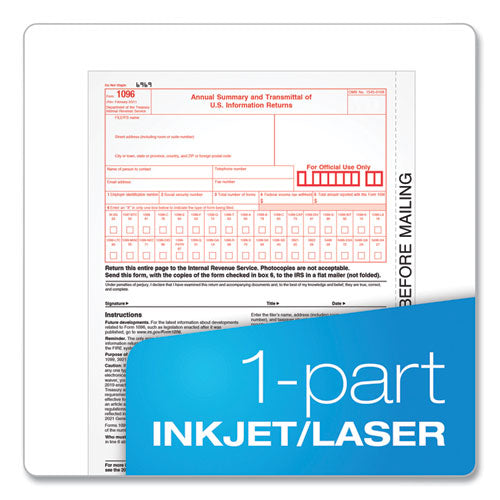 1096 Tax Form For Inkjet/laser Printers, Fiscal Year: 2022, One-part (no Copies), 8 X 11, 10 Forms Total