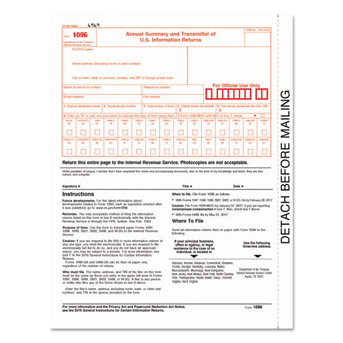 1096 Tax Form For Inkjet/laser Printers, Fiscal Year: 2022, One-part (no Copies), 8 X 11, 10 Forms Total