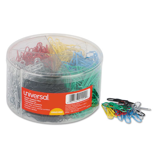 Plastic-coated Paper Clips With One-compartment Storage Tub, #1, Assorted Colors, 500/pack