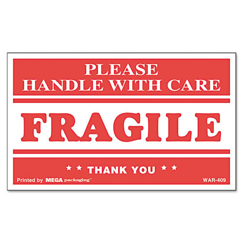 Printed Message Self-adhesive Shipping Labels, Fragile Handle With Care, 3 X 5, Red/clear, 500/roll