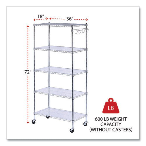 5-shelf Wire Shelving Kit With Casters And Shelf Liners, 36w X 18d X 72h, Silver