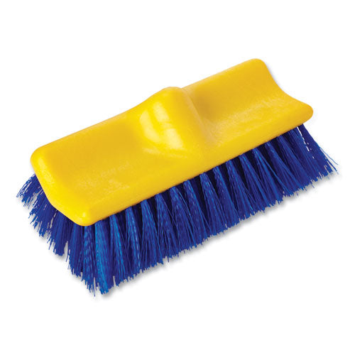 Bi-level Deck Scrub Brush, Blue Polypropylene Bristles, 10" Brush, 10" Plastic Block, Threaded Hole