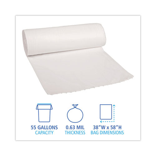 Linear Low Density Can Liners, 55 Gal, 0.63 Mil, 38" X 58", White, 10 Bags/roll, 10 Rolls/carton