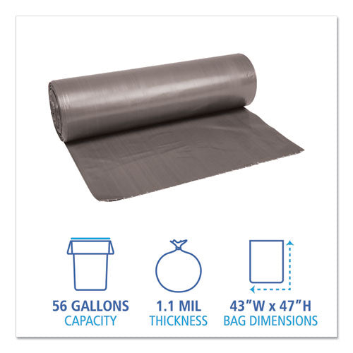 Low-density Waste Can Liners, 56 Gal, 1.1 Mil, 43" X 47", Gray, 20 Bags/roll, 5 Rolls/carton