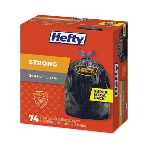 Hefty Strong Multipurpose Drawstring Trash Bags 30 Gal 1.1 Mil 30"x33" Black 74/box 3 Boxes/Case