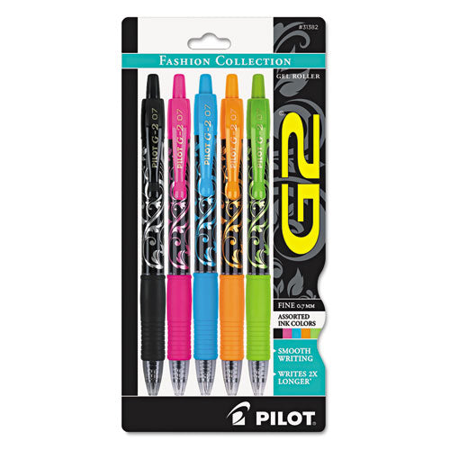 G2 Fashion Premium Gel Pen, Retractable, Fine 0.7 Mm, Black Ink, Assorted Barrel Colors, 5/pack