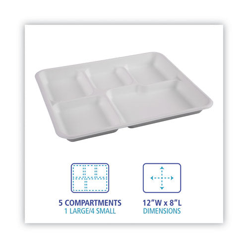 Bagasse Dinnerware, 5-compartment Tray, 10 X 8, White, 500/carton