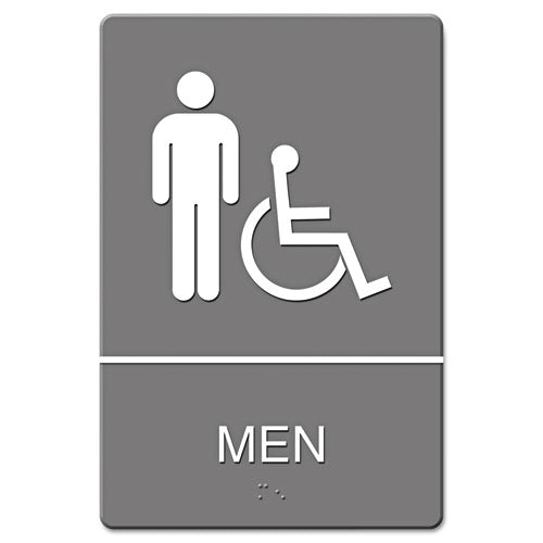 Ada Sign, Men Restroom Wheelchair Accessible Symbol, Molded Plastic, 6 X 9, Gray